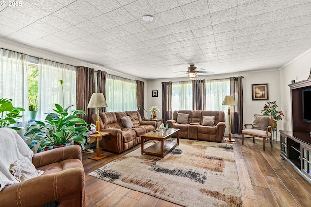 living area featuring crown molding, wood-type flooring, and ceiling fan