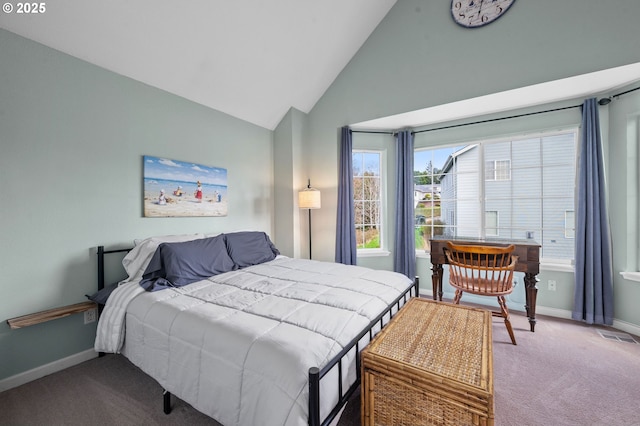 bedroom featuring visible vents, baseboards, carpet floors, and high vaulted ceiling