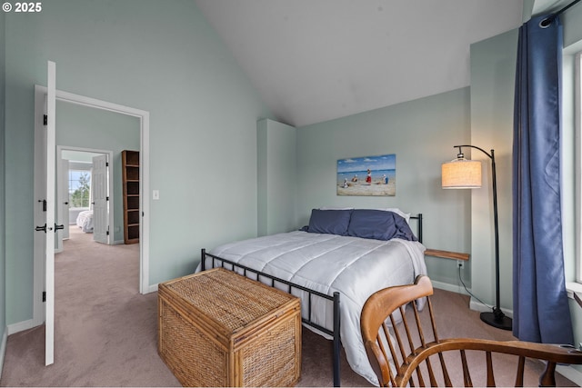 bedroom with baseboards, high vaulted ceiling, and carpet flooring