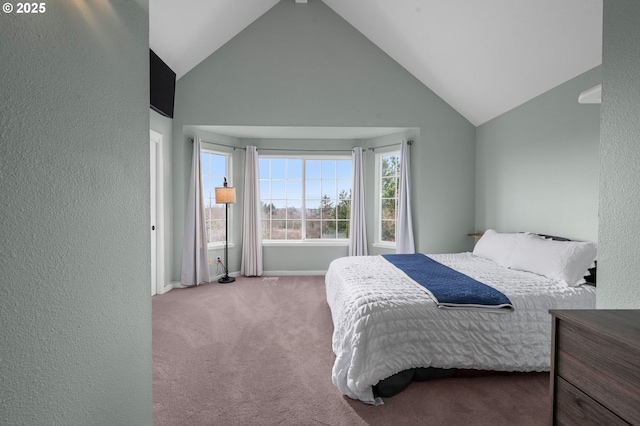 bedroom with carpet flooring, a textured wall, baseboards, and high vaulted ceiling