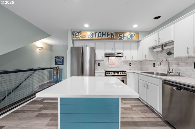 kitchen featuring under cabinet range hood, light wood-type flooring, appliances with stainless steel finishes, and a sink