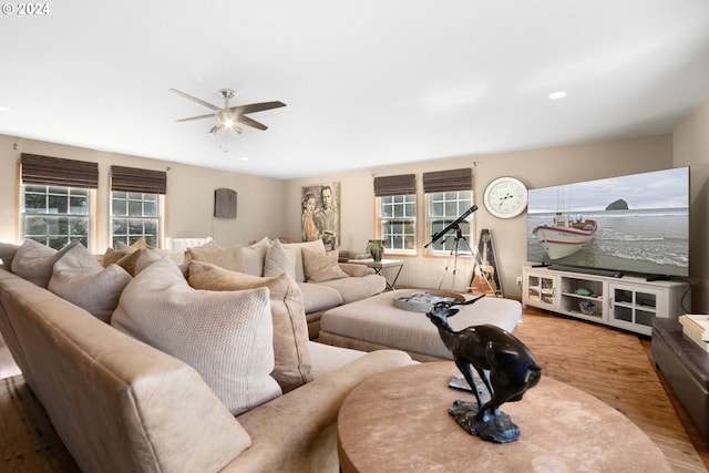 living area with a ceiling fan, recessed lighting, wood finished floors, and a wealth of natural light