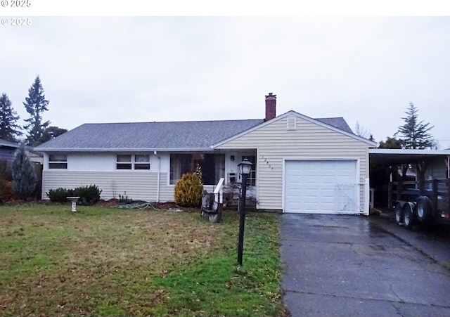 ranch-style home with a garage, a carport, and a front yard