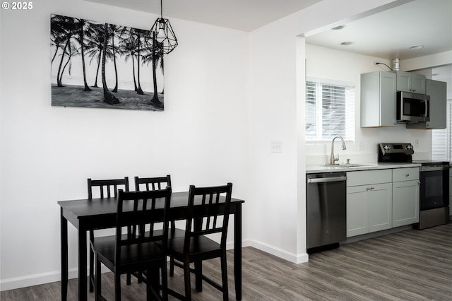 dining space featuring dark wood-type flooring and sink