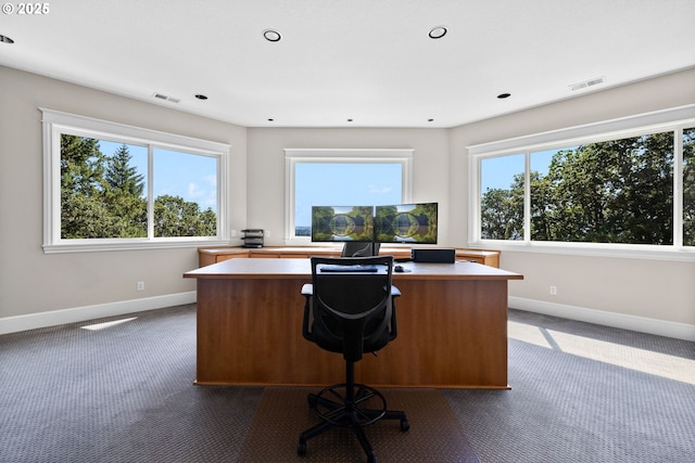 16155 NE Wilkerson Way, Newberg, OR 97132 - office area featuring dark colored carpet, baseboards, visible vents, and recessed lighting