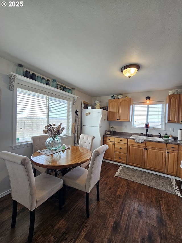 dining room with dark hardwood / wood-style floors and sink