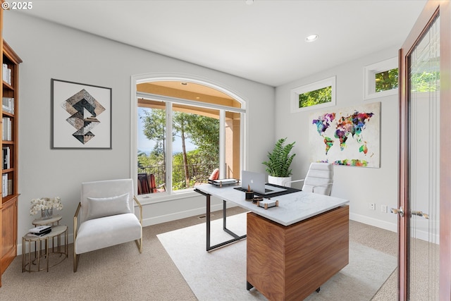 home office with light carpet, recessed lighting, and baseboards
