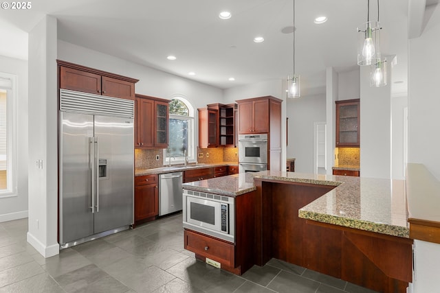 370 NW 81st Pl, Portland, OR 97229 - kitchen featuring built in appliances, open shelves, tasteful backsplash, a sink, and glass insert cabinets