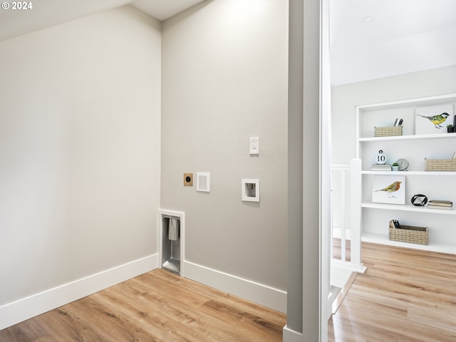 5325 NE Flanders St, Portland, OR 97213 - laundry room featuring electric dryer hookup, light wood-type flooring, baseboards, and hookup for a washing machine