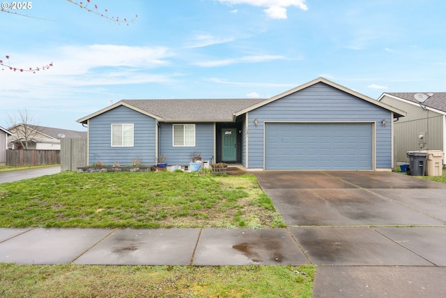 ranch-style home with a garage, concrete driveway, a front yard, and fence