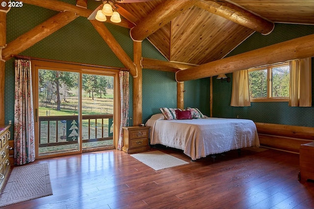bedroom featuring wallpapered walls, wooden ceiling, wood-type flooring, access to outside, and vaulted ceiling with beams
