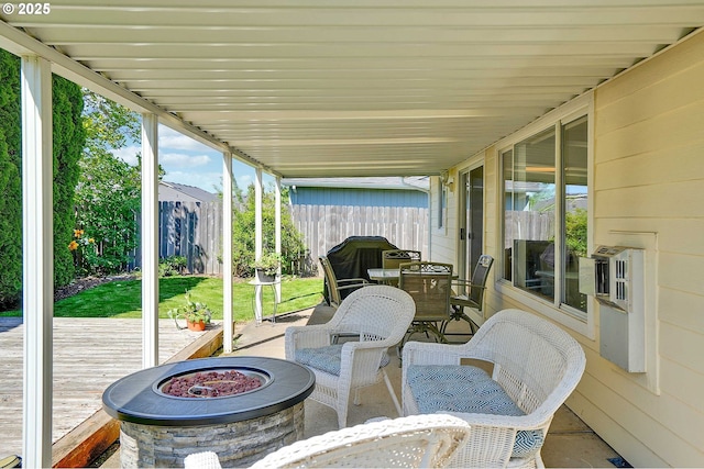 5219 Lacey Ct N, Keizer, OR 97303 - view of patio / terrace with a wooden deck, outdoor dining space, an outdoor fire pit, and fence