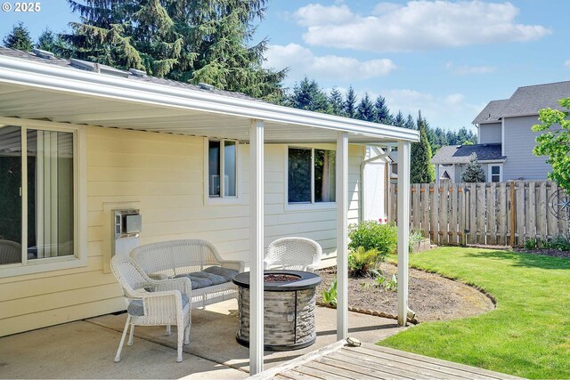 5219 Lacey Ct N, Keizer, OR 97303 - wooden terrace featuring a fire pit, fence, a yard, and a patio