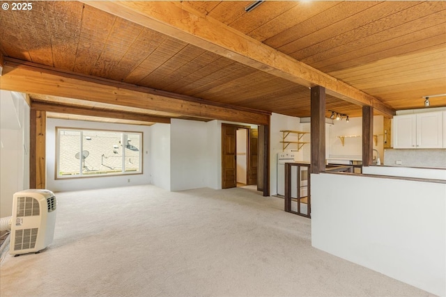 1824 NE 52nd Ave, Portland, OR 97213 - unfurnished living room with a wooden ceiling with exposed beams and carpet floors