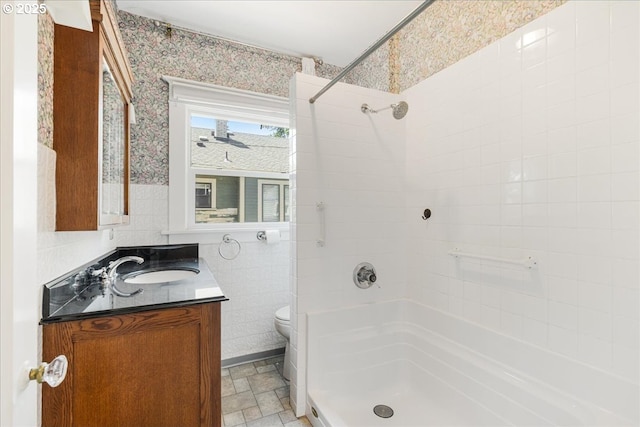 1824 NE 52nd Ave, Portland, OR 97213 - full bath with wallpapered walls, a shower, vanity, and tile walls