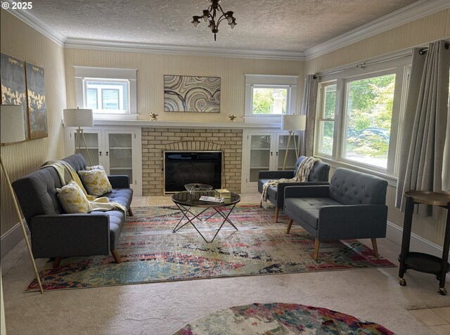 1824 NE 52nd Ave, Portland, OR 97213 - carpeted living area featuring plenty of natural light, ornamental molding, a textured ceiling, and a brick fireplace
