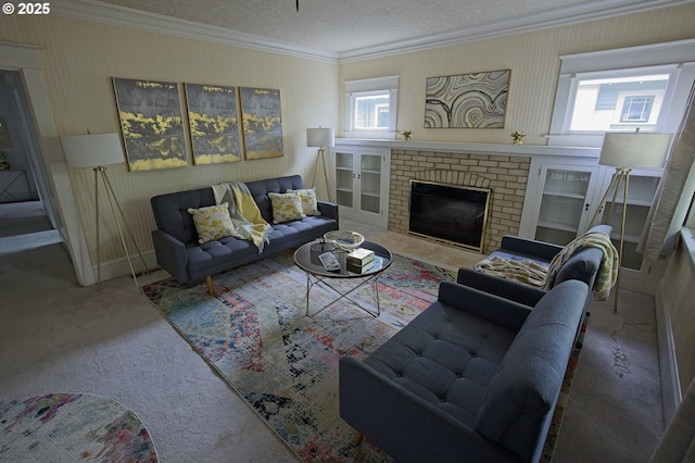 1824 NE 52nd Ave, Portland, OR 97213 - carpeted living area featuring ornamental molding, a fireplace, and a textured ceiling