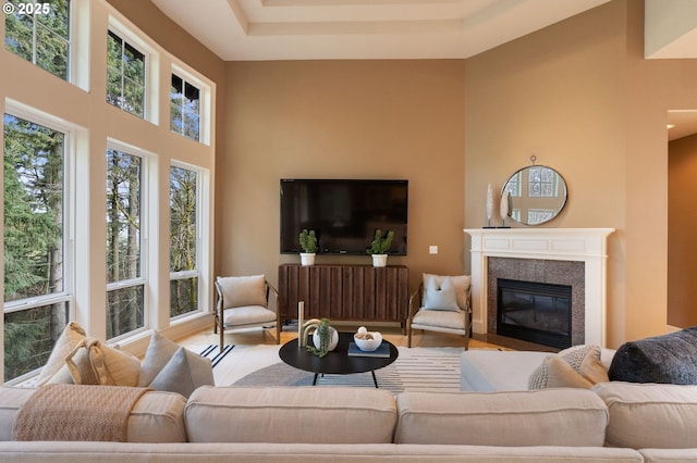 13581 SW Essex Dr, Portland, OR 97223 - living room with a high ceiling, a fireplace with flush hearth, a raised ceiling, and wood finished floors