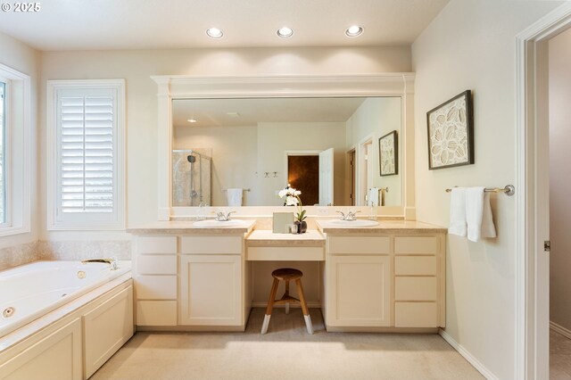 13581 SW Essex Dr, Portland, OR 97223 - bathroom featuring a stall shower, a tub with jets, vanity, and recessed lighting
