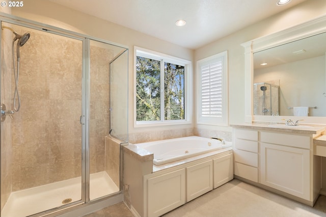 13581 SW Essex Dr, Portland, OR 97223 - full bath with a shower stall, a tub with jets, recessed lighting, and vanity