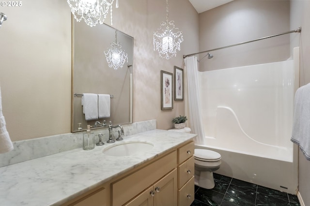 13581 SW Essex Dr, Portland, OR 97223 - bathroom featuring a chandelier, toilet, vanity, shower / bathtub combination with curtain, and marble finish flooring