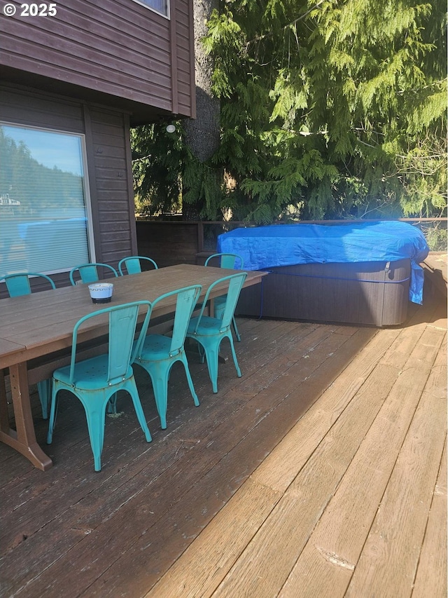 70202 Potato Bottom Rd, Lakeside, OR 97449 - wooden deck featuring outdoor dining space and a hot tub