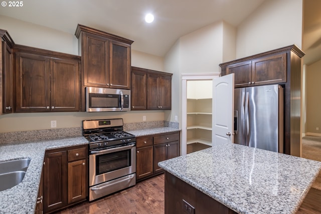 kitchen featuring stainless steel appliances, lofted ceiling, dark brown cabinets, and light stone countertops