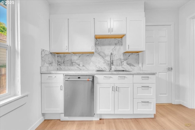 kitchen with backsplash, a sink, light wood finished floors, and dishwasher
