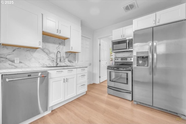 kitchen with visible vents, a sink, white cabinets, light wood finished floors, and stainless steel appliances
