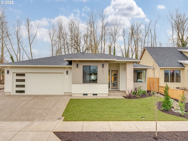 view of front of house with roof with shingles, concrete driveway, board and batten siding, a front yard, and a garage