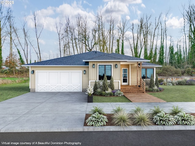 prairie-style home featuring a garage and a front lawn