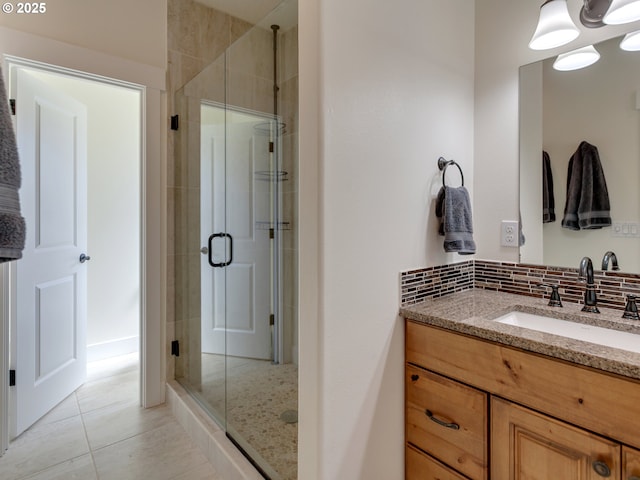 36280 SE Hauglum Rd, Boring, OR 97009 - full bathroom featuring a shower stall, vanity, tile patterned floors, and decorative backsplash