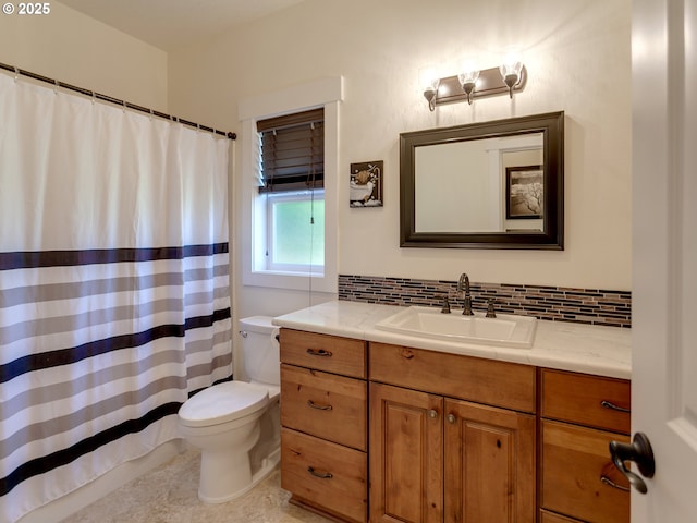 36280 SE Hauglum Rd, Boring, OR 97009 - full bathroom with vanity, decorative backsplash, and a shower with curtain