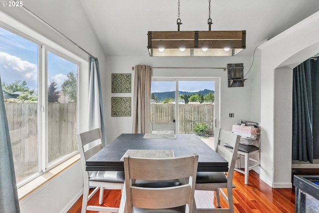 dining space with wood finished floors, baseboards, a mountain view, and vaulted ceiling
