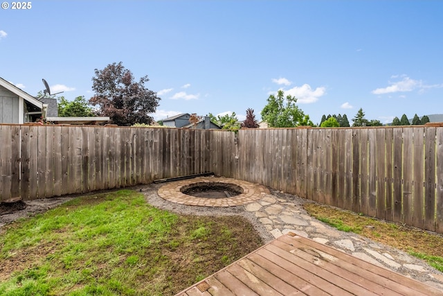 fenced backyard with a deck and an outdoor fire pit