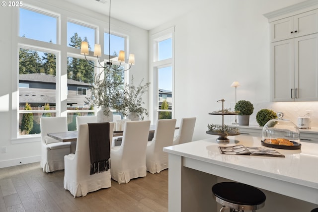 dining room with an inviting chandelier and light hardwood / wood-style flooring