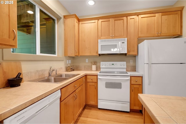 9400 SW 153rd Ave, Beaverton, OR 97007 - kitchen with white appliances, tile countertops, light wood-type flooring, recessed lighting, and light brown cabinets