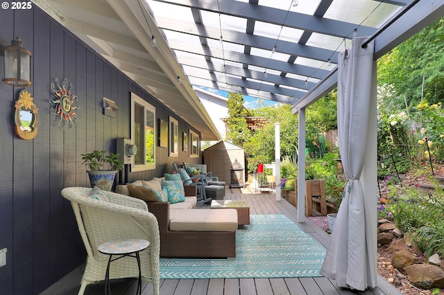 3580 Wilshire Ln, Eugene, OR 97405 - wooden deck featuring a storage shed, an outdoor living space, and a pergola