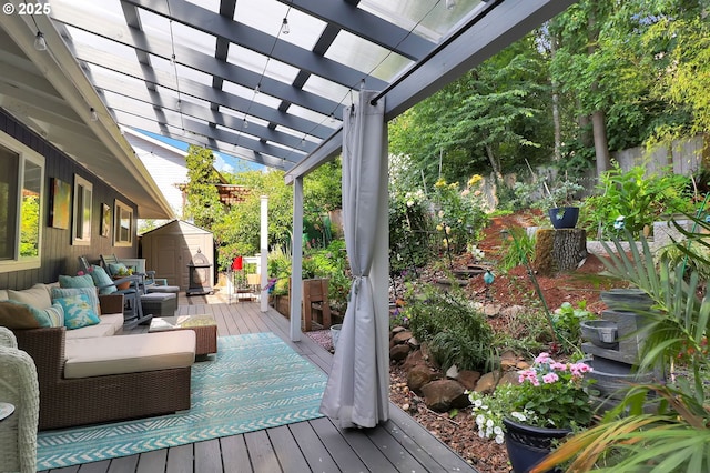 3580 Wilshire Ln, Eugene, OR 97405 - deck with a storage shed, a pergola, and outdoor lounge area