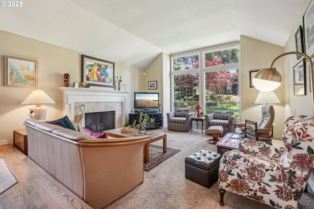 515 SW Colony Dr, Portland, OR 97219 - living area featuring lofted ceiling, a fireplace, light carpet, and a textured ceiling