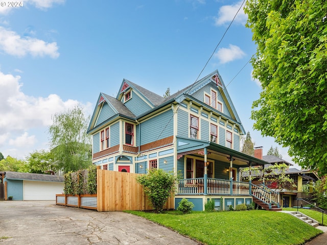 victorian home featuring a garage, an outdoor structure, a porch, and a front lawn