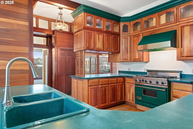 155 N 6th Ave, Elgin, OR 97827 - kitchen with luxury stove, a sink, extractor fan, and brown cabinetry