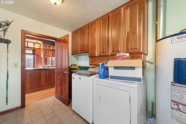 155 N 6th Ave, Elgin, OR 97827 - washroom with washing machine and clothes dryer, water heater, cabinet space, and light tile patterned floors