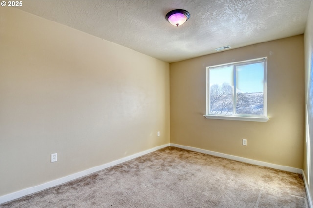 spare room featuring light colored carpet and a textured ceiling