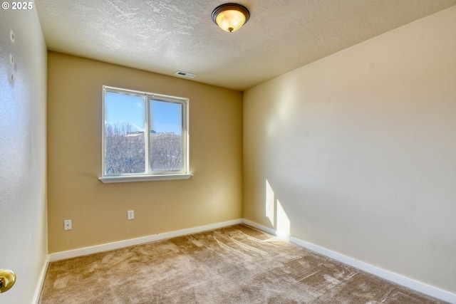 spare room featuring light colored carpet and a textured ceiling