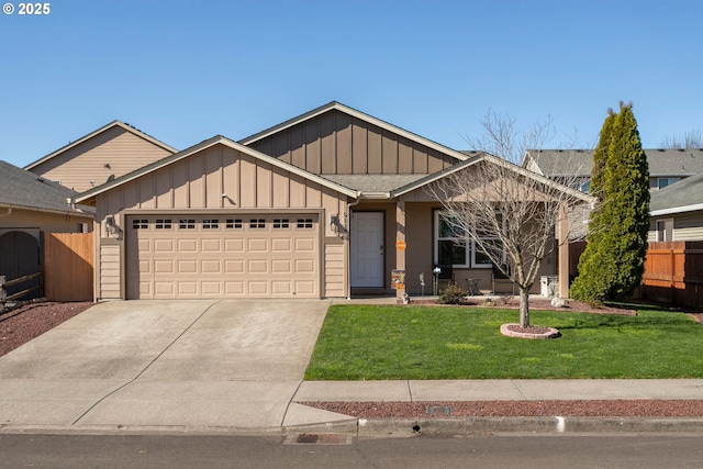 single story home with concrete driveway, an attached garage, board and batten siding, a front yard, and fence