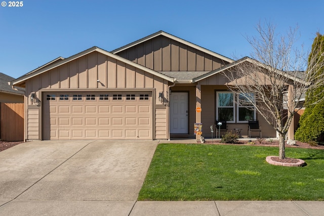 ranch-style house featuring an attached garage, fence, concrete driveway, board and batten siding, and a front yard