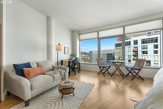 living room with a view of city, baseboards, and wood finished floors