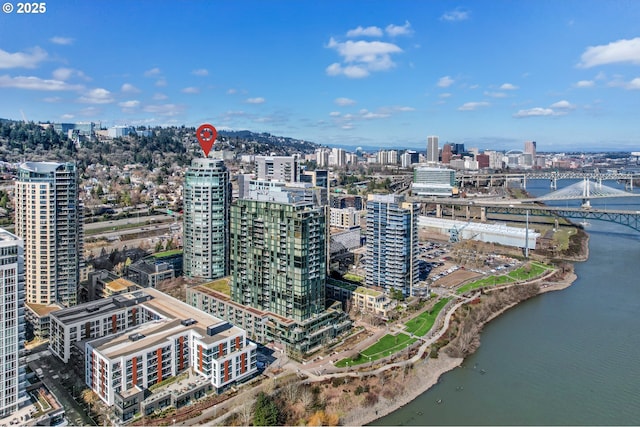 bird's eye view with a water view and a city view