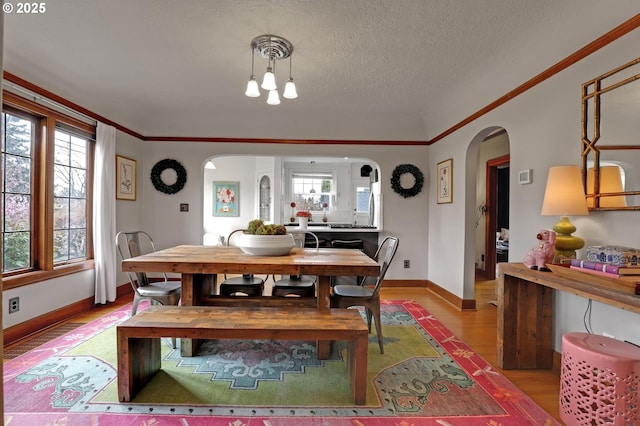 dining space with arched walkways, plenty of natural light, and light wood-style flooring